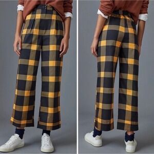 Anthropologie Porridge Cilla Plaid Wide-Leg Cotton Pants Yellow Black Sz XL